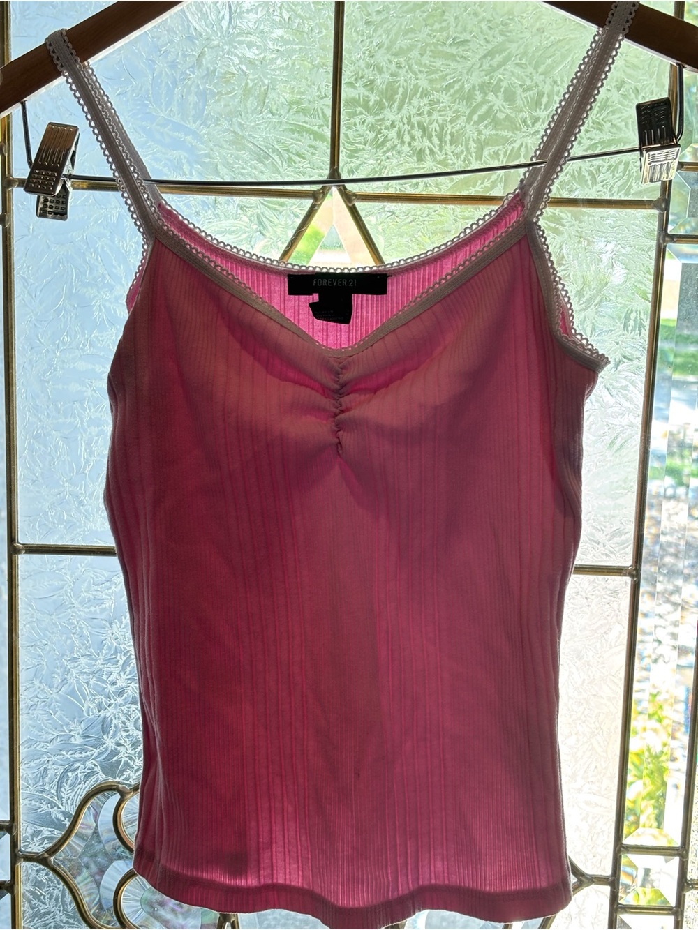 Forever 21 Rose Pink Ribbed Lace-Trim Cami Tank